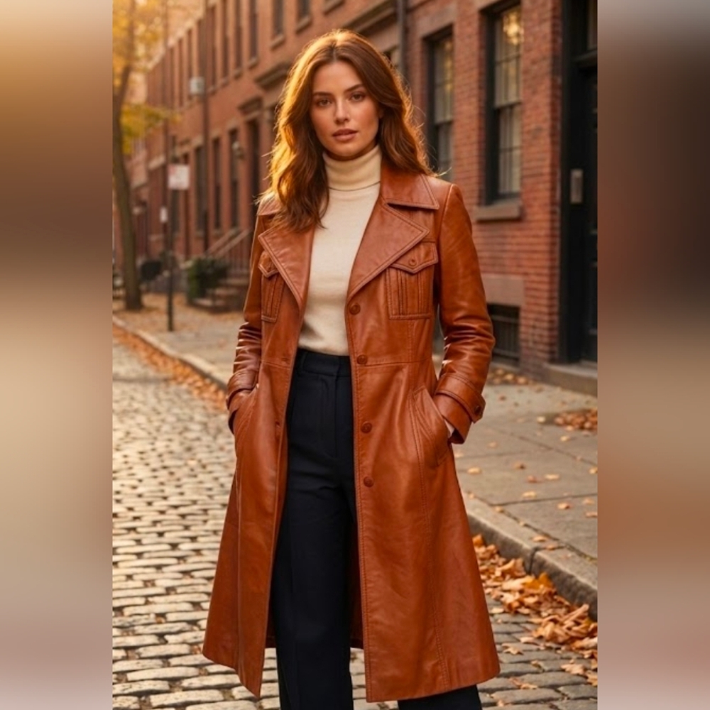 Vintage Women's  Brown Leather Knee Length  Coat Trench Cowgirl‎  Western Rodeo